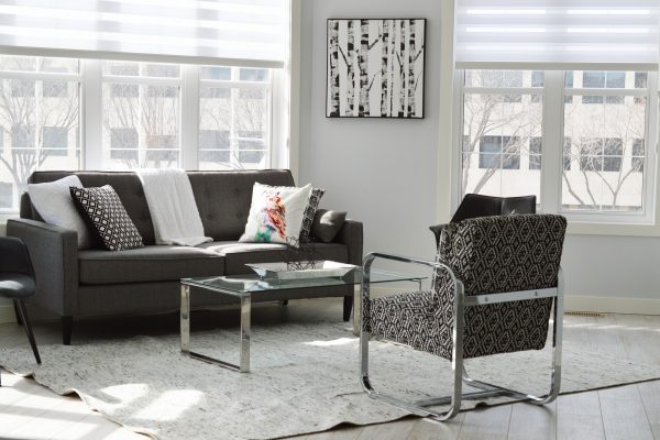 Salon moderne et lumineux avec fauteuil, canapé, table basse et tapis