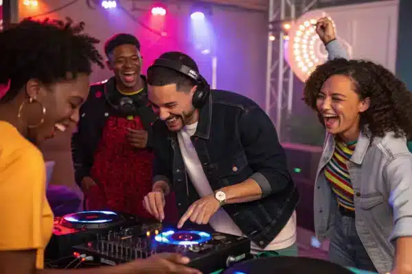 Des participants prenant part à un jeu musical animé par un DJ.