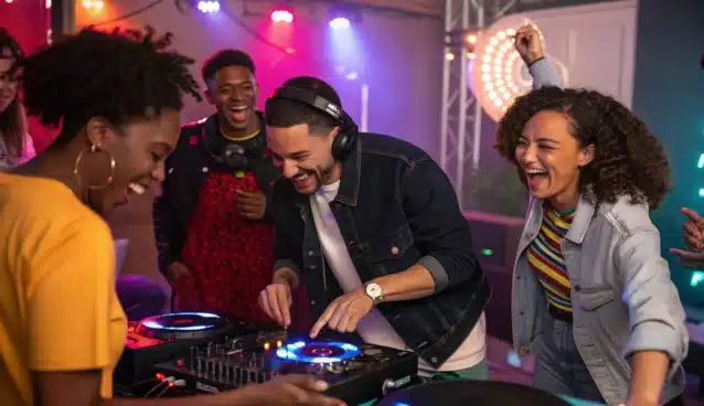 Des participants prenant part à un jeu musical animé par un DJ.